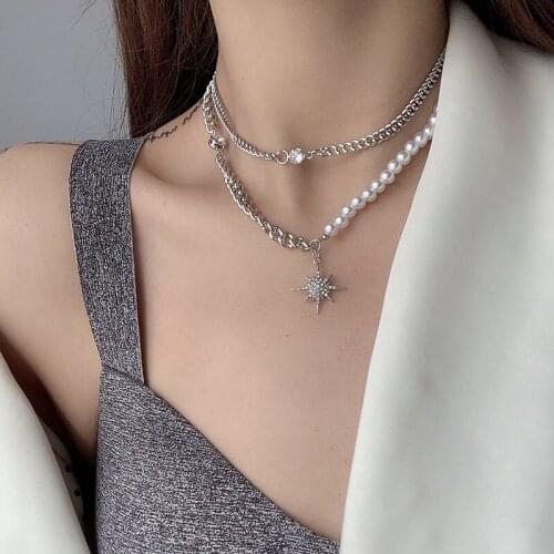 2021 New Rhinestone Star Pendant Necklaces For Women Fashion multilayer Pearl Chain Chokers Necklace Punk Style Femme Bijoux