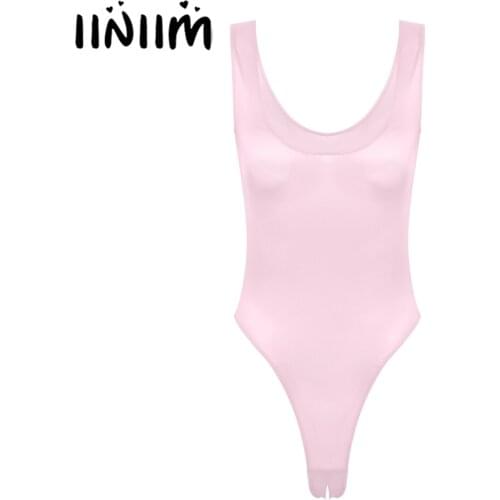 Womens Lingerie Crotchless Bodysuit Glossy Stretchy Scoop Neck Teddies Costume See-through High Cut Thong Leotard Nightwear