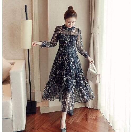 High Quality 2017 New Spring Summer Female Long Sleeve A-line Slim Floral Maxi Dress Women Chiffon Vintage Flower Print Dresses