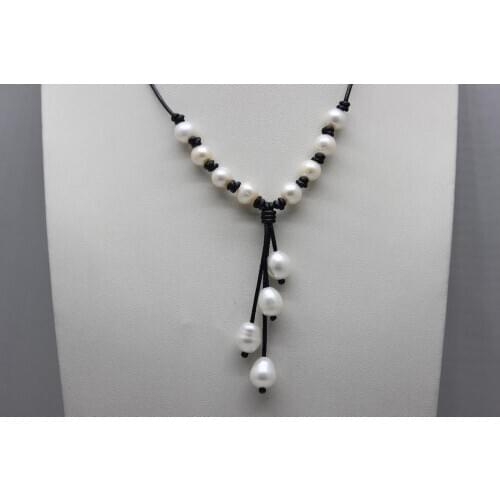 Handmade 14grain of beads white freshwater pearls and Black leather necklaces 8mm-9x12mm 18INCH