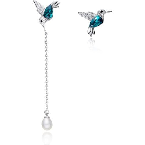 Asymmetric 925 Silver Crystals Simulated Pearl Bird Statement Earrings For Women Stud Earrings Bridal Love Gifts Wedding Jewelry