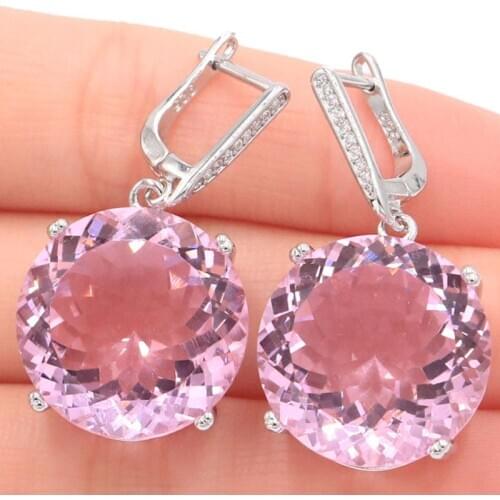 35x20mm Big Round 20mm Jewelry Set Created Pink Kunzite CZ Womans Dating Silver Earrings Pendant