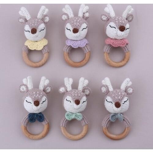 Baby Wooden Teether Ring DIY Crochet Deer Animal Rattle Infant Teething Nursing Soother Elk Rattle Educational Montessori Toy fo