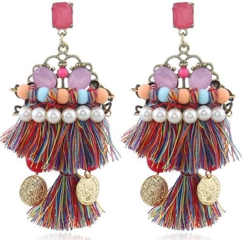 Handmade Ethnic Bohemian Big Tassel Earrings Rhinestone Simulated Pearl Dangle Earrings Maxi Long Earrings for Women 2017 New