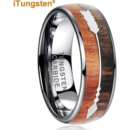 8MM Wedding Band Men Women Tungsten Ring With Koa Wood Arrow Inlay Dome Band Comfort Fit New Arrivals