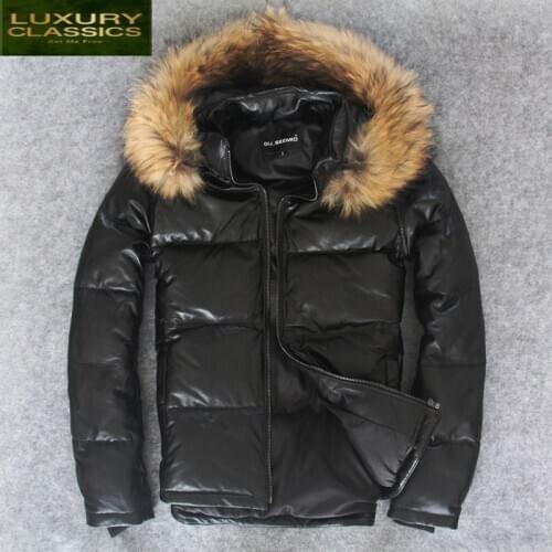 Raccoon 100% Fur Real Genuine Leather Duck Down Jacket Men Streetwear Sheepskin Coat Moto Biker Mens Leather Jacket 1808