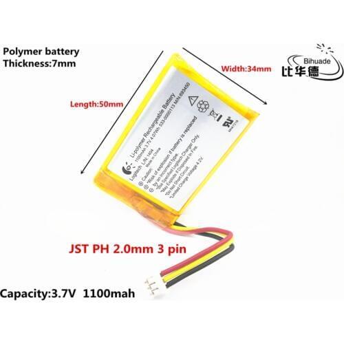 JST PH 2.0mm 3 pin Liter energy battery 3.7V,1100mAH,703450 Polymer lithium ion / Li-ion battery for TOY,POWER BANK,GPS,mp3,mp4