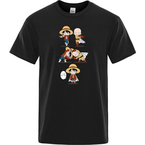 Luffy Loves Saitama T Shirt One Piece Crossover One Punch Man T-shirt Cool Cotton Fabric Black Tee Japanese Anime Men Tops