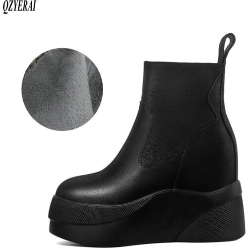 New Winter women shoes 100% natural Genuine leather boots women boots wedge Warm fur Female boots cowhide Chelsea snow boots
