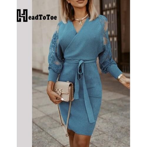 Crochet Lace Rib-knit Casual Dress Women Long Sleeve V Neck Belted Slim Autumn Dress