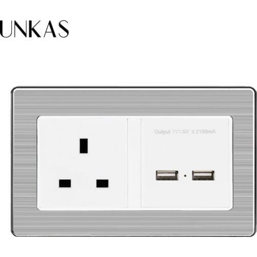 UNKAS 146*86mm UK Standard Power Outlet With Dual USB Charge Port For Mobile 5V 2.1A Stainless Steel Panel Electric Socket