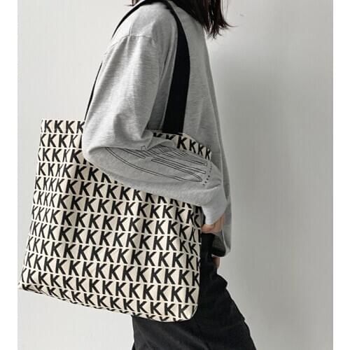Womens Casual Canvas Shoulder Bag kkk letter Shopping Bag Cotton Cloth Lady Handbag Eco Reusable Large Tote Shopper Bags