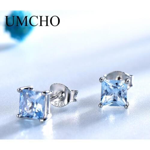 UMCHO 5/10/15pcs Wholesale Real 925 Sterling Silver Jewelry Created Square Sky Blue Stud Earrings For Women Elegant Fine Jewelry