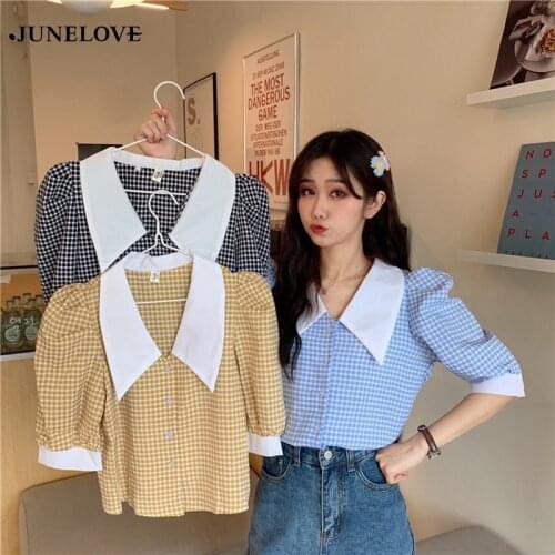 JuneLove Summer Plaid Puff Sleeve Elegant Crop Top Turn Down Collar Botton Short Sleeve Shirts Sweet Korean Yellow Blue Blouse