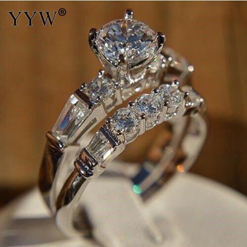 2pcs/Lot Engagement Rings Zinc Alloy Wedding Ring Sets Women AAA Cubic Zircon Square And Round Zircon Ethnic Couple Ring Paired