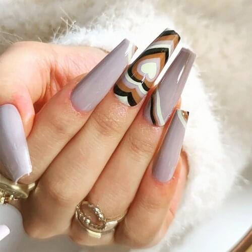 24pcs/box Fake Nail With Glue Coffee Wave Printed Type Removable Long Style Fashion Manicure False Nails Press On With Design Dl