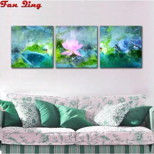 3pcs 5D DIY Diamond embroidery lotus picture complete Square round rhinestone Flowers diamond painting cross stitch