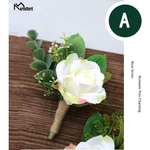 Meldel White Wedding Wrist Corsages Buttonhole Flowers Silk Roses Cuff Bracelets Bridesmaid Groom Boutonniere Artificial Flowers