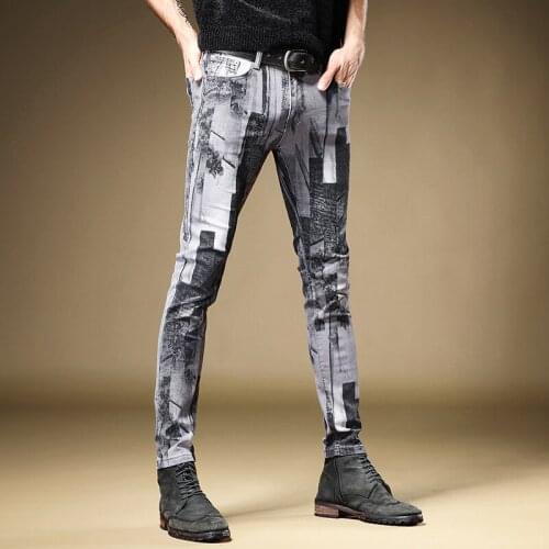 Free shipping new fashion male Gray jeans mens trendy slim-fitting denim pants for men Korean hip-hop printing casual trousers