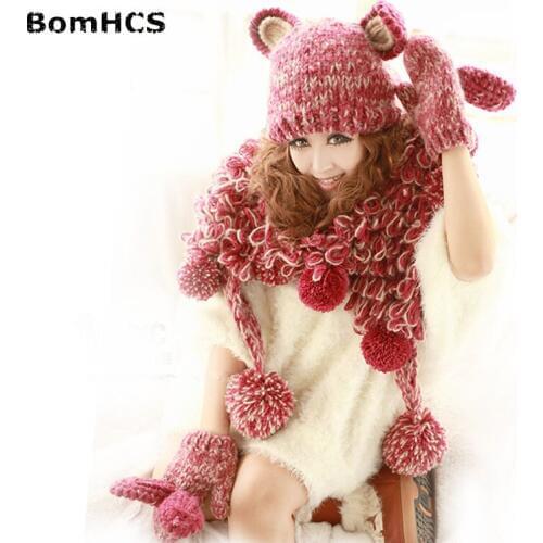 BomHCS FUNNY Rabbit Ears Winter Warm Womens Beanie & Gloves & Scarf (3PCS) 100% Handmade Knit Hat Mittens