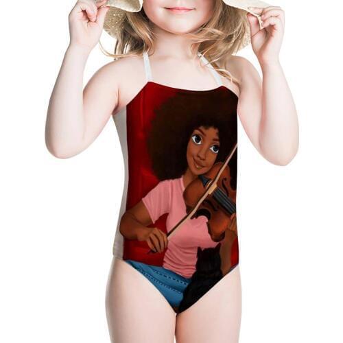 HYCOOL Teen Girl One Piece Swimsuit Cat African Black Girl Play the Violin Pattern Swimwear Kids Summer Bathing Suit Beach Sport