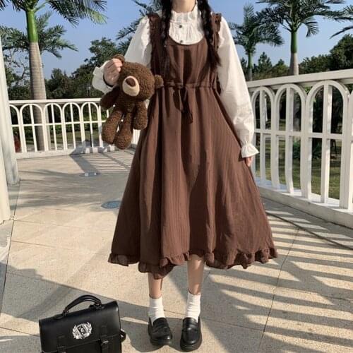 Japanese College Style White Liner Shirt Retro Drawstring Lace Sling Dress Children Autumn and Winter Set Sweet Lolita Dress