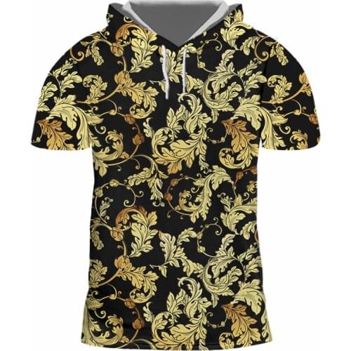 Hooded T-shirt EU Size Golden Brown Leaves Trendy And Vogue Baroque Suitable Casual Homme/femme Short-sleeved Pullover Shirt New