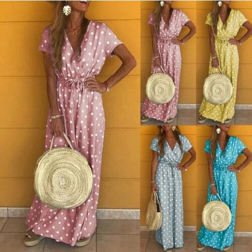 Hot Sale Sexy V-Neck Polka Dot Women Dress Slim fit Lace Up Mid-Waist Irregular Women Dress Short Sleeve Beach Long Dress