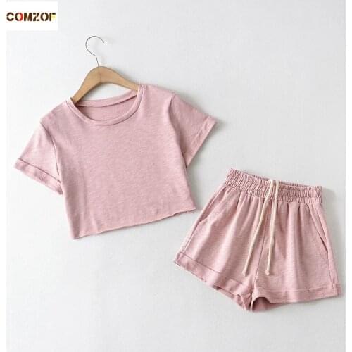 2021 New Arrival Women Fashion Two Piece Set T Shirt+Drawstring Shorts Summer Tracksuits INS Slub Cotton Clothing Dresy Damskie