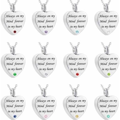 Cremation Jewelry Urn Necklace for Ashes Always on My Mind Forever in My Heart Stainless Steel Birthstone Memorial Pendant