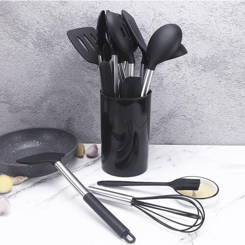 Durable Slotted Turner Food Grade Non-Stick Pan Black Practical Egg Beater Kitchen Tools Spoon 14pcs Multifunction Spatula