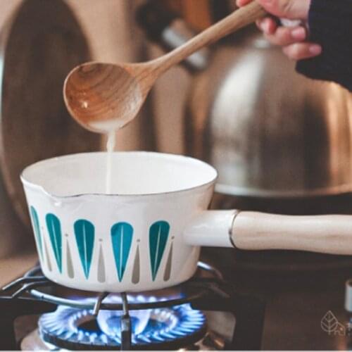 Japanese Style 1L Small Enamel Soup Pot Leaves Pattern Baby Milk Heater Noodle Cooking Pan Kitchen Skillet Stockpot Oil Fryer