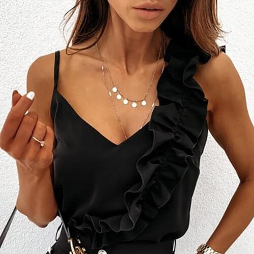 2021 Summer Women Tank Top Sexy Solid Color Spaghetti Ruffled Strap Backless V-neck Sleeveless Camisole Cropped Vest Top Blouse