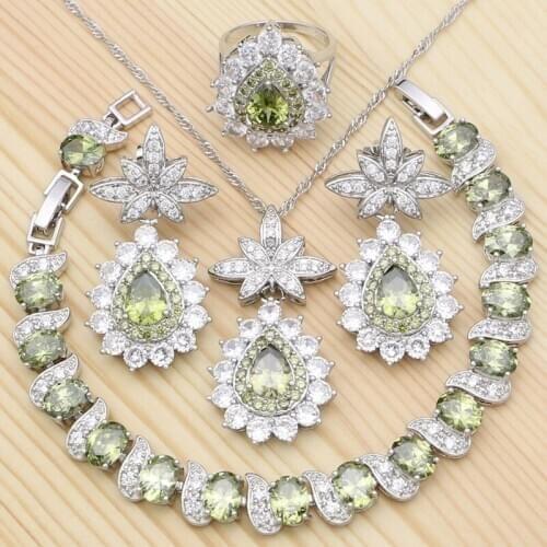 925 Silver Kits Jewelry Sets For Women Olive Green Cubic Zirconia White Crystal Ring Bracelet Pendant Earrings Necklace Set