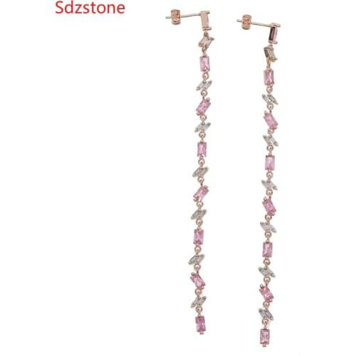 Newest CZ Zirconia Pink White Crystal 110mm Long Drop Earrings For Elegant Women Bridal Wedding Jewelry Accessories Gift