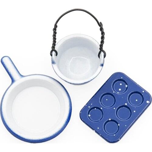 Odoria 1:12 Miniature 3Pcs Blue Pot & Pan & Baking Mold Tools Set Cookware Kitchenware Kitchen Dollhouse Accessories Decoration