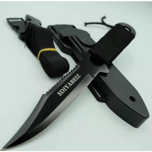 Damascus Sharp fixed Blade Hunting Knife Black Titanium Camping Survival Knife Diving Paratroopers Full Teeth Pocket +ABS Sheath