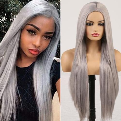 Soft Machine Made Gray Hair Cosplay Wigs for Women Girls Glueless Synthetic Wigs Silky Straight Wig Heat Resistant Fiber Hair