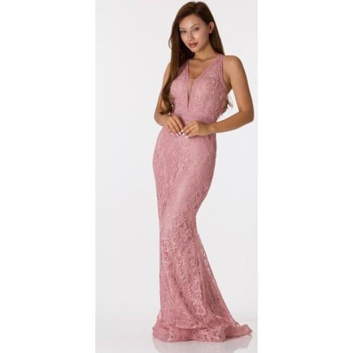 SHECCA (63135) Belt Detail Pink V Neck Evening Dress