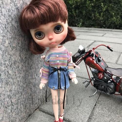 Lovely Rainbow Sweater / Denim Skirt for Holala, Blyth, Middle Blyth Doll Clothes Accessories