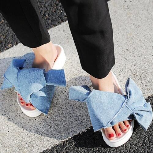 Fashion Women Denim Cloth Big Bowtie Slippers Blue Slides Summer Flat Sandals Casual Shoes Woman Platform Shoes Zapatos Mujer