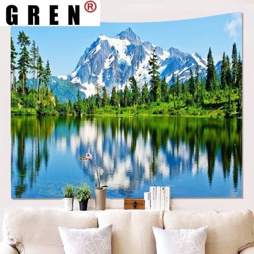 GREN Lake Forest Snow Mountain Landscape Tapestry Hanging Covering Rugs Background Cloth Beach Mat Blanket Art Living