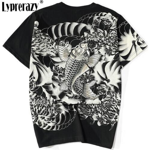 Lyprerazy Harajuku Japanese T Shirt Wave Carp fish Flower Embroidery Black Streetwear 100% Cotton Hip Hop Print T-Shirts