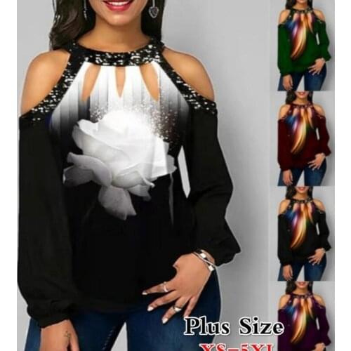 Sequin Patchwork Feather Print Womens Clothing T-shirt Street Wear Vintage Off-the-shoulder Full Sleeves Summer Ladies T-shirts