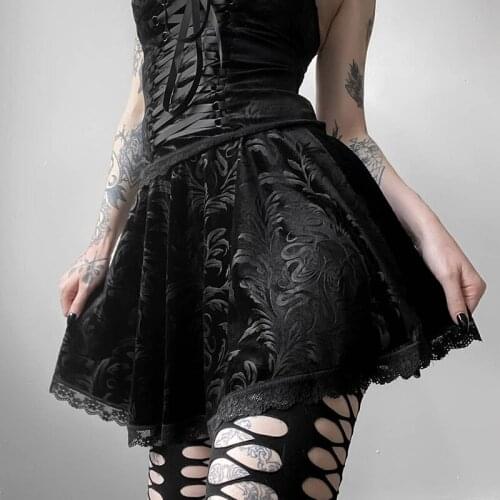 Gothic Black Lace Trim Floral Print Mini Skirt for Women Aesthetic A Line High Waist Skirt Vintage Pleated Skirt Shorts Summer