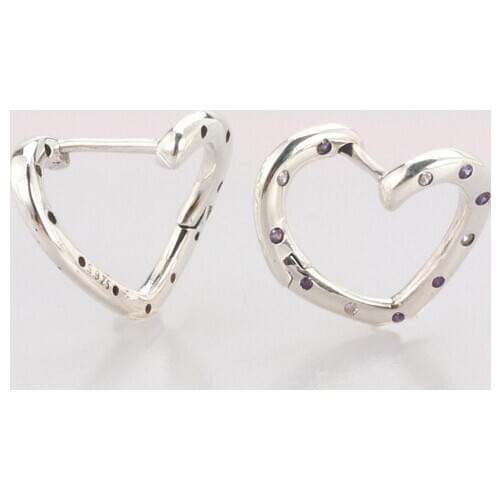 925 Sterling Silver Pan Earring Bright Heart With Purple Crystal Stud Earring For Women Wedding Gift Fashion Jewelry