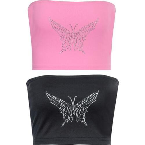 Womens Sexy Strapless Bandeau Butterflies Hot Drilling Wrapped Chest Tube Top M6CD