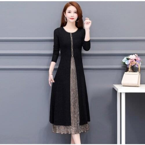 2021 Spring Autumn Women New Fashion Large Size 5xl Korean Slim Round Neck Comfortable Base Fake Two-piece Pullover Dress s306