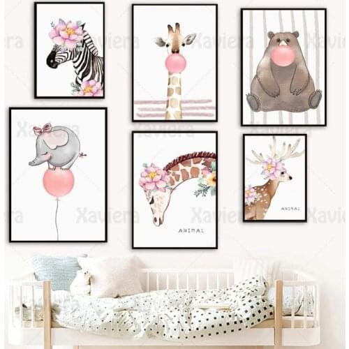 Giraffe Zebra Elephant Bear Sika Deer Pink Bubble Flower Wall Art Canvas Painting Cartoon Nordic Posters And Prints Home Decor