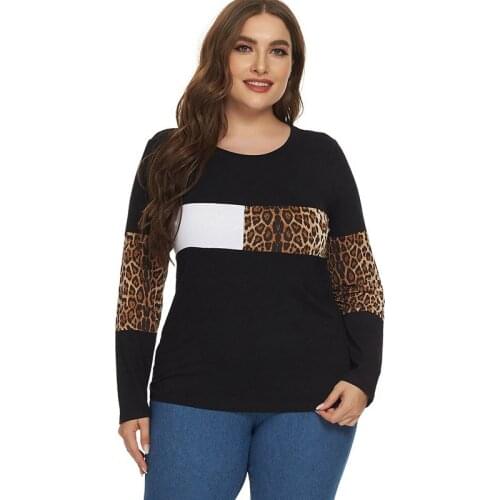 2021 Women Long sleeve Leopard panel T-shirt fashion ladies Plus Size Womens Tops